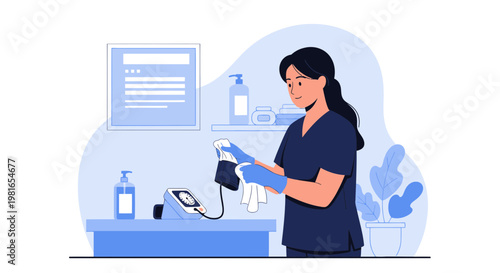 Nurse Cleaning Medical Equipment in Clinic, Healthcare Hygiene and Sterilization