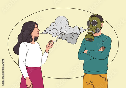 Conceptual Illustration of a Woman Smoking a Cigarette Near a Man Wearing a Gas Mask for Protection Against Secondhand Smoke and Air Pollution