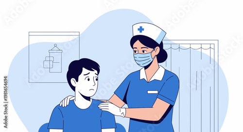 Nurse comforting worried boy in hospital room, healthcare, medical care concept