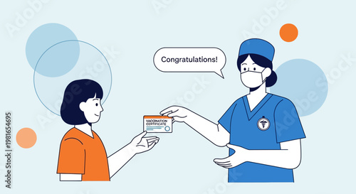 Nurse congratulates patient receiving COVID-19 vaccination certificate