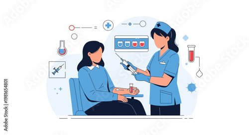 Nurse draws blood from patient for medical test, medical illustration, healthcare concept