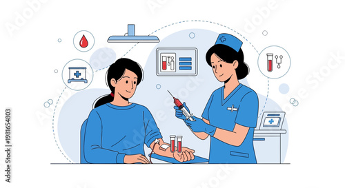 Nurse draws blood from patient for medical test, healthcare concept illustration