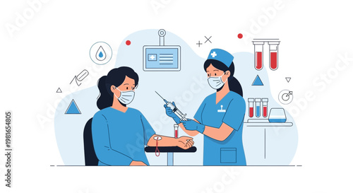 Nurse drawing blood from patient's arm for medical test, healthcare illustration