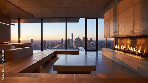 Luxury penthouse living room overlooking city skyline at golden hour