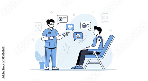 Nurse explaining vaccination to patient with health icons and heartbeat line