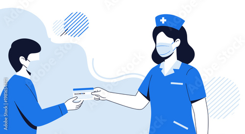 Nurse gives vaccination card to patient wearing mask, healthcare concept, blue tones