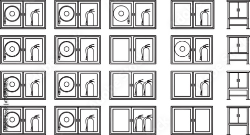 Safety Equipment: A compilation of essential fire safety equipment, including fire extinguishers, and hose reels, designed for safety and preparedness.