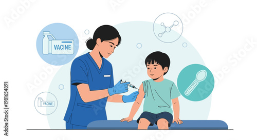 Nurse giving a vaccine injection to a young child, symbolizing healthcare and immunization.