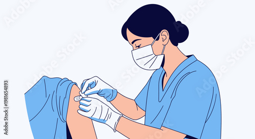 Nurse giving COVID-19 vaccine injection to patient's arm, vaccination concept
