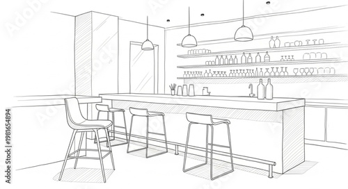 Sketch of a modern kitchen interior with island and bar stools.