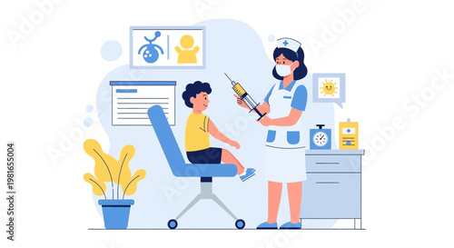 Nurse giving vaccination to child in clinic, healthcare concept