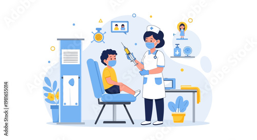 Nurse giving vaccination to child in clinic, healthcare concept