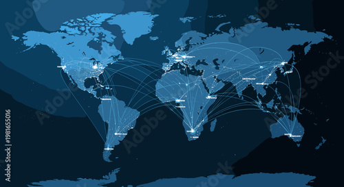 A digital blue world map illustrating global connections and network routes between major cities and continents, symbolizing international communication and data flow.