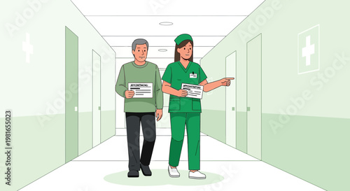 Nurse guiding patient down hospital corridor, holding medical documents