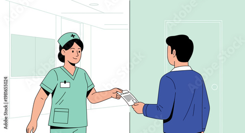 Nurse handing document to man at hospital door, medical care concept