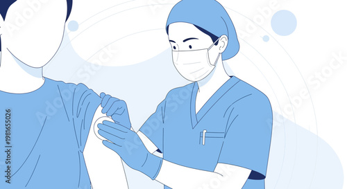 Nurse giving vaccine injection to patient's arm, healthcare, medical concept, blue illustration