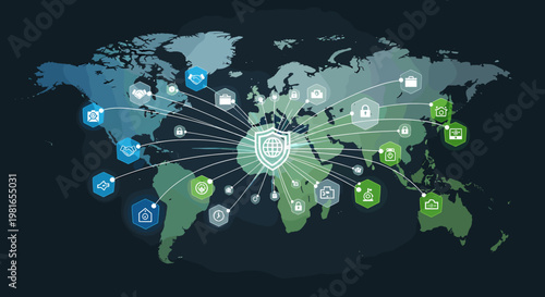 A global network security concept showing a world map with interconnected icons representing data protection, cybersecurity, and worldwide digital services.