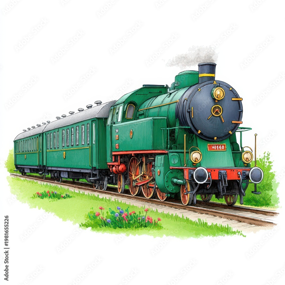 Fototapeta premium Vintage Green Steam Train on Wildflower Meadow Watercolor Painting