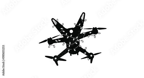 Drone decorated with glowing string lights flies through the night sky to deliver holiday cheer and festive spirit during the winter season while capturing high resolution aerial photography.