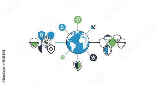 Global network security concept with shields protecting the Earth and various digital icons representing threats and defenses.