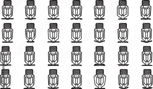 A grid pattern of stylized technical objects is presented, showing repetition and design. 