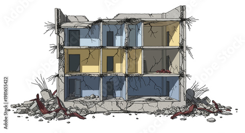 Destroyed Building Cross Section Illustration.