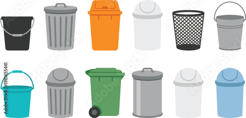 Trash Bin and Waste Container Illustration Set Featuring Various Styles of Garbage Cans, Bins, and Recycling Containers for Waste Management Designs
