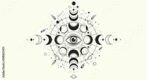 Mystical Eye and Moon Phases Celestial Mandala Illustration.
