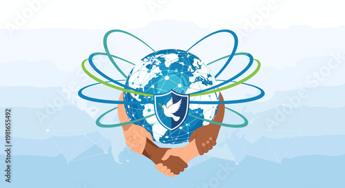 Global unity and peace symbolized by diverse hands shaking under a protective shield with a dove, surrounded by orbital connections.