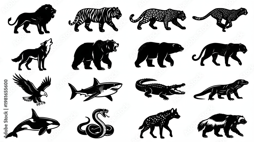 Obraz premium Wild Animal Silhouette Set — Lion, Tiger, Bear, Eagle, Shark, Wolf, Crocodile, Orca Black Vector Collection