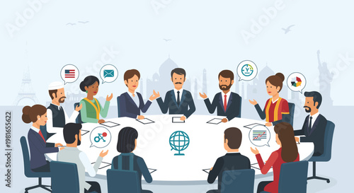 Diverse group of international professionals collaborating around a table, symbolizing global communication and teamwork in a business setting.