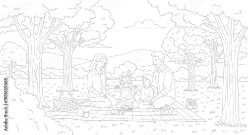 Happy young parents sitting on a blanket with their two small children enjoying a nice outdoor family picnic together today