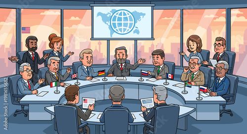 An international summit or business meeting with diverse delegates from various countries gathered around a large conference table, discussing global issues.