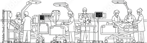 Dedicated medical professionals performing urgent patient care and monitoring vital signs within a busy modern hospital intensive care unit setting