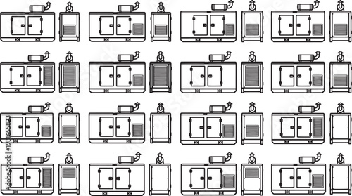 Industrial outline illustrations showcase the precision and functionality of generator in a technical environment, emphasizing their role in providing power solutions.