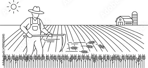 Hardworking farmer in a wide brimmed hat harvests ripe golden wheat using a traditional manual hand scythe during summer