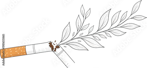 This powerful illustration depicts a broken cigarette transforming into a beautiful leafy branch, symbolizing freedom from addiction and new beginnings for health.