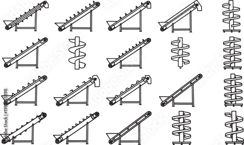 A collection of industrial conveyor system schematics in a variety of configurations, set against a stark, modern backdrop, demonstrating the power of industry. 