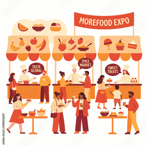 Illustration of people enjoying food and drinks at a vibrant expo with various stalls and a banner reading 'Morefood Expo' in a colorful setting.