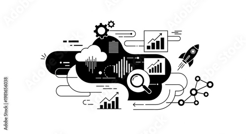 Data Analytics and Cloud Computing Concept with Rocket Launch and Graphs.