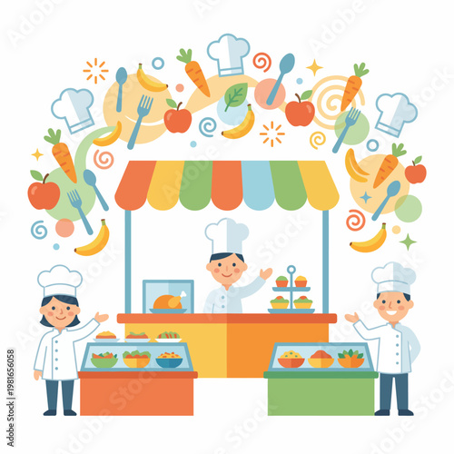 Illustration of chefs presenting food at a colorful culinary expo booth with various vegetables and kitchen utensils, showcasing a food market event with a vibrant and appetizing display.
