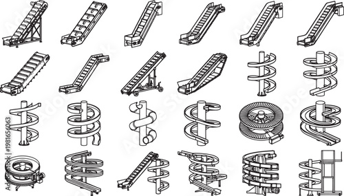 Assortment of escalators, conveyors, and spiral slides captured in a clean graphic outline, ideal for engineering and industrial design presentations.