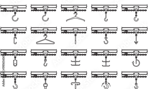 A collection of industrial hooks and rail systems. industrial systems set against the bright background.