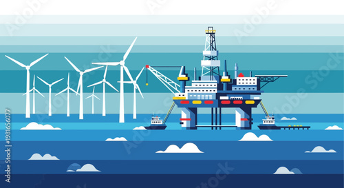 Offshore Drilling Rig and Wind Turbines in the Ocean - Energy Industry Contrast