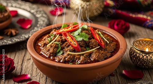 Steaming indian lamb curry in a clay pot with chili peppers and herbs
