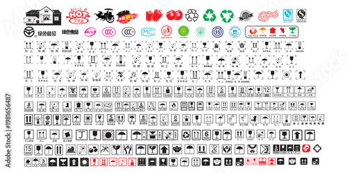 Corrugated Box Handling Icon Set, Food Safety Quality Icon Set, Environmental Green Packaging Icons, Fragile, Arrow Up, Keep Dry