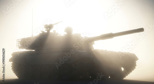 Silhouette of a military tank emerging through sunbeams and fog