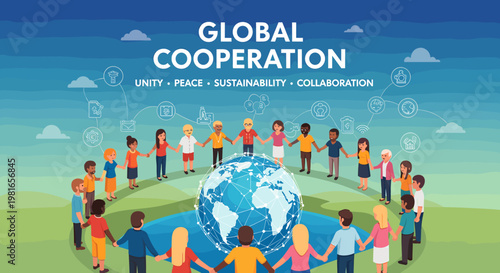 Diverse group of people from around the world holding hands in a circle around a globe, symbolizing global cooperation, unity, peace, sustainability, and collaboration.