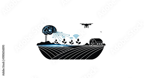 Technology integrating with agriculture uses a digital brain and drones to monitor crop health, representing the future of smart farming, industrial automation, and sustainable food systems.