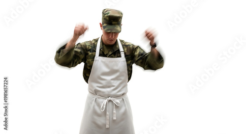 Focused military serviceman wearing a chef's apron, ready to cook
